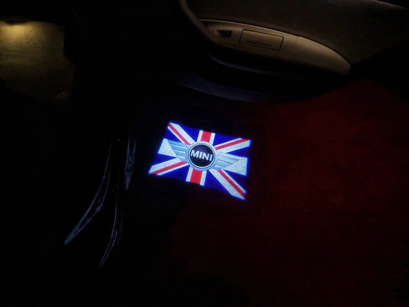 MINI BRITISH NATIONAL FLAG LOGO PROJECROTR LIGHTS Nr.09 (quantité 1 = 2 Logo Film / 2 feux de porte)