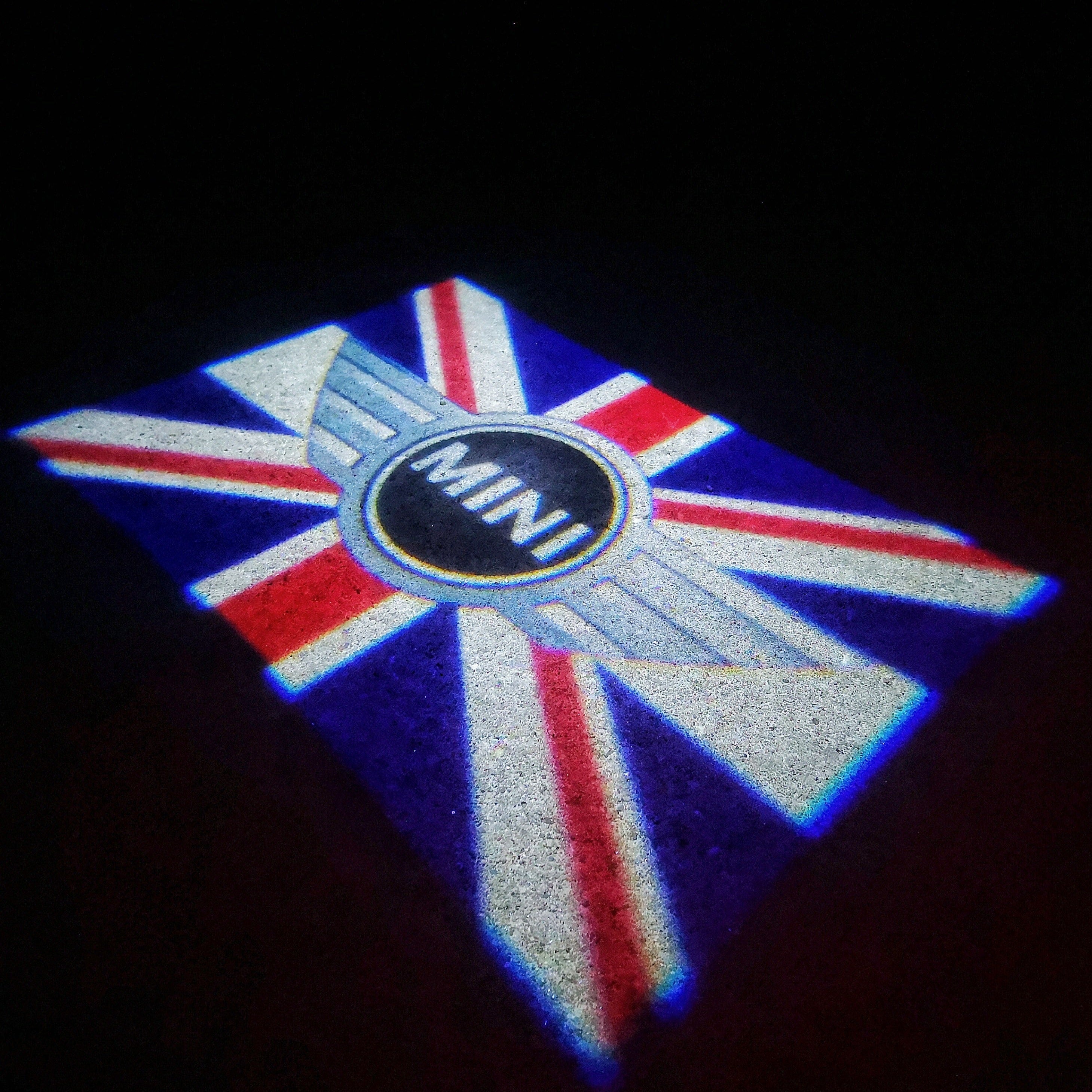 MINI BRITISH NATIONAL FLAG LOGO PROJEKTORLEUCHTEN Nr.09 (Menge 1 = 2 Logo Film / 2 Türleuchten)